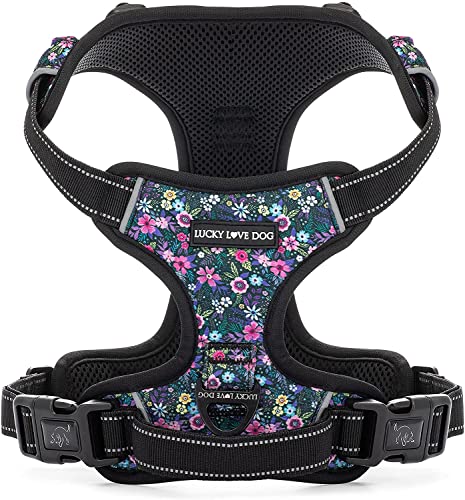 Lucky Love Dog No Pull Hundegeschirr, verstellbar und leicht zu gehen, Schwarz & Lila Blumenmuster Hundegeschirr für kleine, mittelgroße und große Hunde – (Medium, Primrose Harness) von Lucky Love Dog