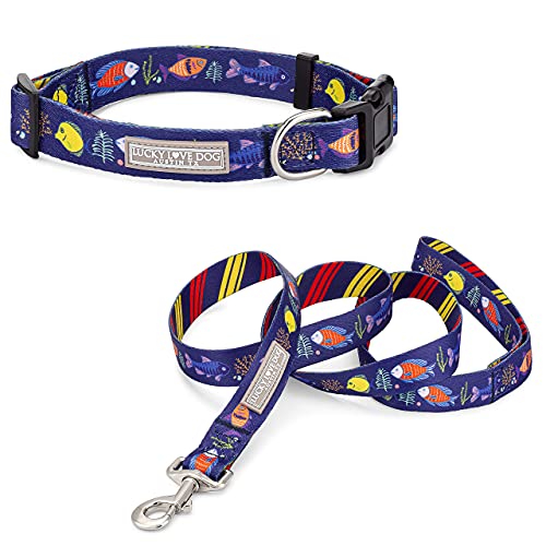 Lucky Love Dog Kombi-Set, Hundeleine und Halsband mit tropischen Fischen, farblich passendes Hundehalsband und Leine, Blau von Lucky Love Dog