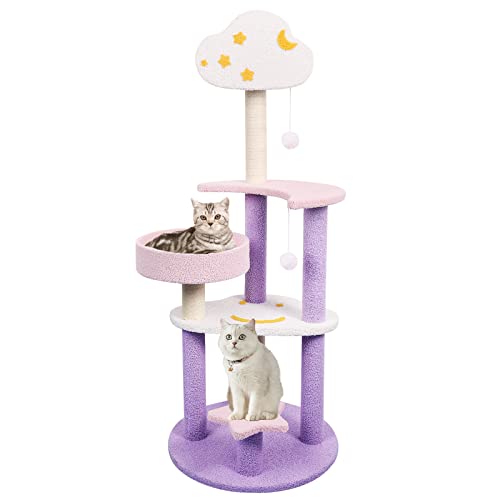 Lucky Monet Niedlicher Katzenbaum mit Sisal-Kratzstämmen, mehrstufiger Katzenaktivitätsbaum, Kletterturm für Indoor-Katzen, Kätzchen, Haustierhaus, Spielruhe, 124 cm, Violett + Rosa von Lucky Monet