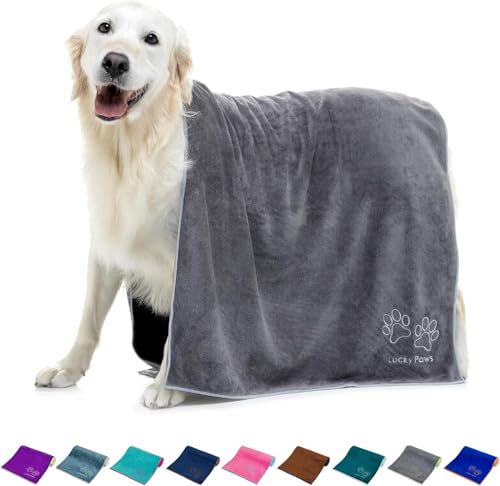 Lucky Paws® Hundehandtuch - 140x70cm XL Hundehandtuch extra saugfähig - schnell trocknend, luxuriös weiches Hunde Handtuch Hundebesitzer & Hunde Zubehör (1er-Pack, grau/Silber) von Lucky Paws