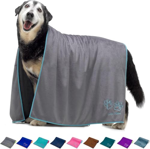 Lucky Paws® Hundehandtuch - 140x70cm XL Hundehandtuch extra saugfähig - schnell trocknend, luxuriös weiches Hunde Handtuch Hundebesitzer & Hunde Zubehör (1er-Pack, grau/türkis) von Lucky Paws