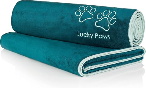 Lucky Paws® Hundehandtuch - 140x70cm XL Hundehandtuch extra saugfähig - schnell trocknend, luxuriös weiches Hunde Handtuch Hundebesitzer und Hunde Zubehör (2er-Pack, Teal) von Lucky Paws