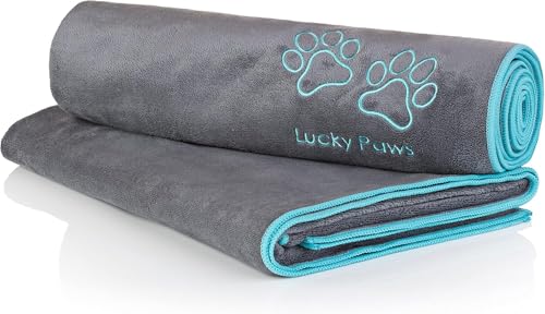 Lucky Paws® Hundehandtuch - 140x70cm XL Hundehandtuch extra saugfähig - schnell trocknend, luxuriös weiches Hunde Handtuch Hundebesitzer & Hunde Zubehör (2er-Pack, grau/türkis) von Lucky Paws