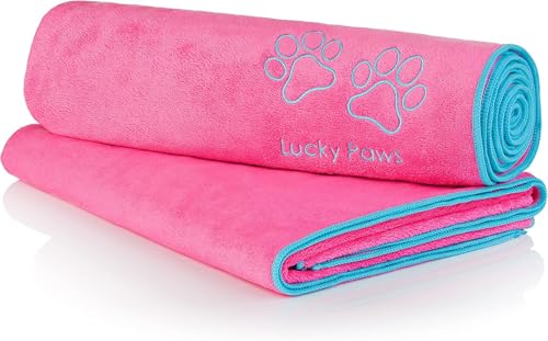 Lucky Paws® Hundehandtuch - 140x70cm XL Hundehandtuch extra saugfähig - schnell trocknend, luxuriös weiches Hunde Handtuch Hundebesitzer und Hunde Zubehör (2er-Pack, rosa) von Lucky Paws