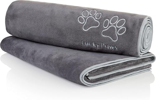 Lucky Paws® Hundehandtuch - 140x70cm XL Hundehandtuch extra saugfähig - schnell trocknend, luxuriös weiches Hunde Handtuch Hundebesitzer & Hunde Zubehör (2er-Pack, grau/Silber) von Lucky Paws