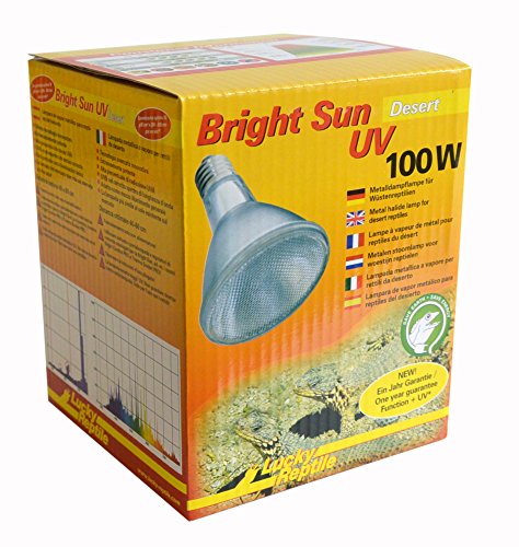 Lucky Reptile Bright Sun UV Desert - 100 W Metalldampflampe für E27 Fassungen - Terrarium Lampe mit Tageslichtspektrum - Wärmelampe mit UVA & UVB Strahlung - UV-Lampe für Wüstenreptilien von Lucky Reptile