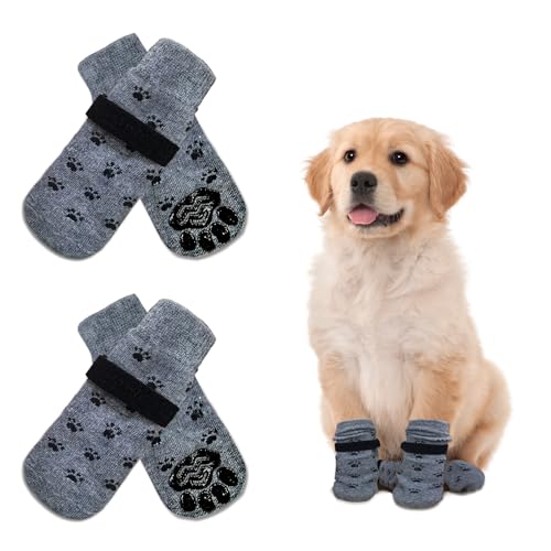 LuckyOpt Anti Rutsch Hundesocken Pfoten Stoppen Lecken, 2-Paar verstellbare Hundepfoten-Protektoren mit kleinem Pawprint, Nette Hundesocken für mittlere Hunde für Indoor Outdoor (Grau) von LuckyOpt