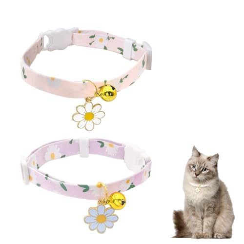 LuckyOpt Katzenhalsband, verstellbar, 17,8 - 30,5 cm, Schnellverschluss, Katzenhalsband mit Glocke, Blumenmuster und Schnellverschluss-Schnalle für Kätzchen, Welpen, tägliches Zubehör (Rosa + Lila) von LuckyOpt