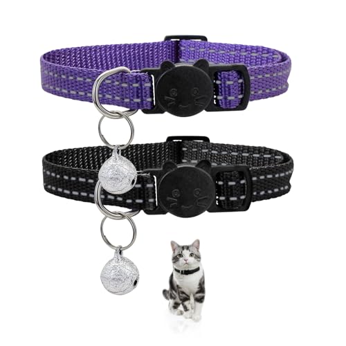 LuckyOpt Katzenhalsband mit Glöckchen, 2 Stück reflektierendes Katzenhalsband mit sicherer Schnellverschluss-Schnalle, verstellbar, 22–35 cm, passend für die meisten Katzen, für tägliche Dekoration, von LuckyOpt