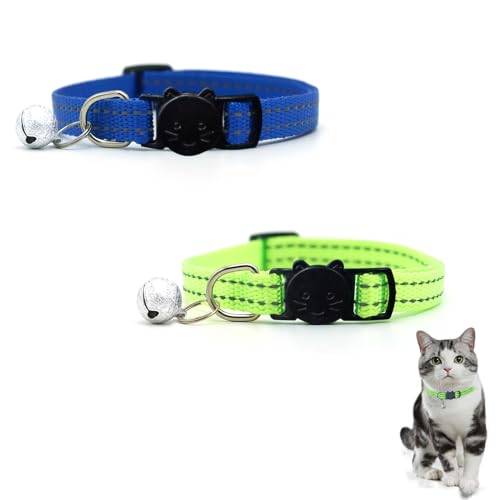 LuckyOpt Katzenhalsband mit Glöckchen, 2 Stück reflektierendes Katzenhalsband mit sicherer Schnellverschluss-Schnalle, verstellbar, 22–35 cm, passend für die meisten Katzen im täglichen Zubehör (blau von LuckyOpt