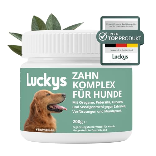 Luckys Box Zahn-Komplex für Hunde: Natürliche Zahnpflege gegen Zahnstein, Plaque & Mundgeruch – 200g Zahnpulver zur effektiven Zahnreinigung mit Ascophyllum Nodosum, Salbei, Petersilie & Kurkuma von Luckys Box