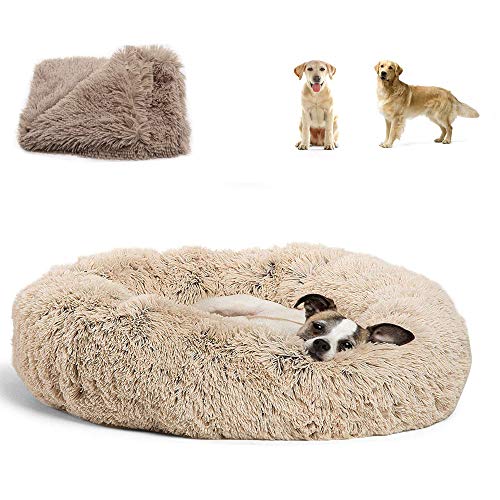 Lucpetk Rundes Haustierbett, beruhigendes Bett aus Plüsch, warm, weiches Kissen, Donut-Kuschelbett, Katze, Hund, Welpen, bequem zum Schlafen im Winter (27“×27”, Beige) von Lucpetk