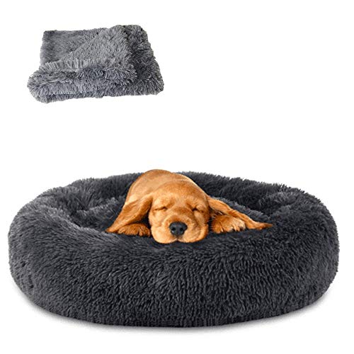 Lucpetk Rundes Haustierbett, beruhigendes Bett aus Plüsch, warm, weiches Kissen, Donut-Kuschelbett, Katze, Hund, Welpen, bequem zum Schlafen im Winter (27“×27”, schwarz) von Lucpetk