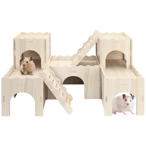 Hamsterhaus aus Holz, Hamsterhäuser und Verstecke, Hamsterspielplatz mit Höhlentreppe, Holz Hamsterspielzeug Hamsterkäfig Zubehör (große Welle) von Lucxhcky