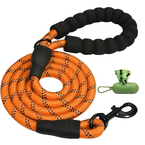 Retrieverleine mit Zugstopp,Haustier Reflektierende Seilleine 150 cm Moxonleine,Weicher gepolsterter Griff,10mm für Mittlere Hunde (Orange, 150cm) von Luhuanx