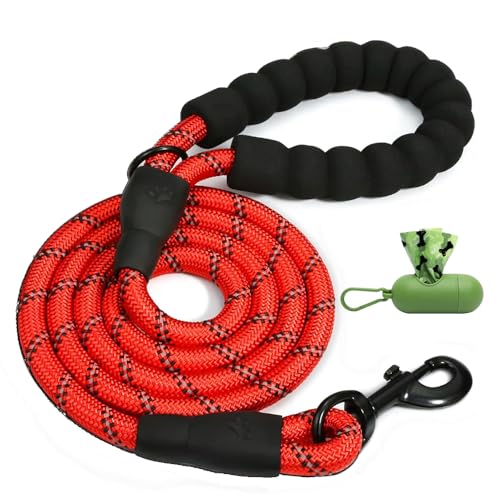 Retrieverleine mit Zugstopp,Haustier Reflektierende Seilleine 150 cm Moxonleine,Weicher gepolsterter Griff,10mm für Mittlere Hunde (Red, 150cm) von Luhuanx