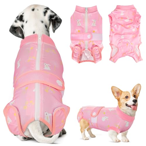 Lukovee Genesungsanzug für Hunde, Einteiler mit Reißverschluss für Hündinnen, männliche Hunde, Bauchwunden, Kegel, E-Halsband, verhindert Lecken (4XL, A-Pink) von Lukovee