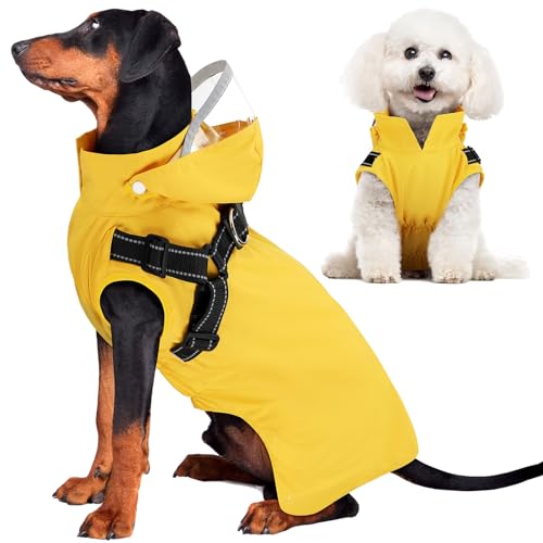 Lukovee Hunde-Regenmantel – wasserdichte Regenjacke mit Kapuze und Brustgeschirr und abnehmbarer Kapuze, Reißverschluss, doppellagig, Hunde-Regenjacke, Poncho mit reflektierenden Krempen für kleine, von Lukovee