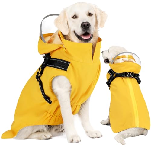 Lukovee Hunde-Regenmantel – wasserdichte Regenjacke mit Kapuze und Brustgeschirr und abnehmbarer Kapuze, Reißverschluss, doppellagig, Hunde-Regenjacke, Poncho mit reflektierenden Krempen für kleine, von Lukovee