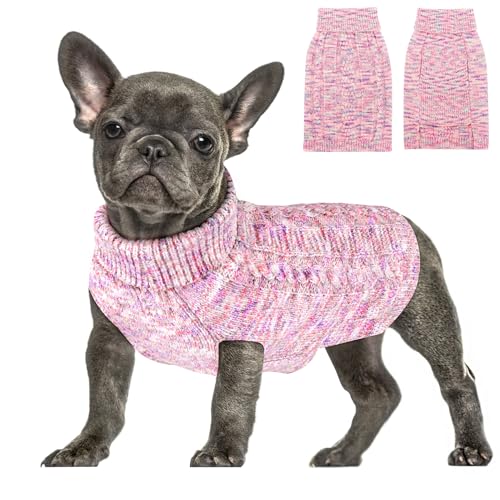 Lukovee Pullover für kleine Hunde – Rollkragen, klassischer Zopfstrick, Strickwaren mit Loch für die Leine, warme Winterkleidung für Welpen, kleine und mittelgroße Hunde (Space Dye Hellrosa, M) von Lukovee