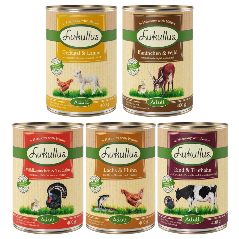 10 + 2 gratis! 12 x 400 g Sparpaket Lukullus Naturkost - Mixpaket 1 (5 Sorten) von Lukullus