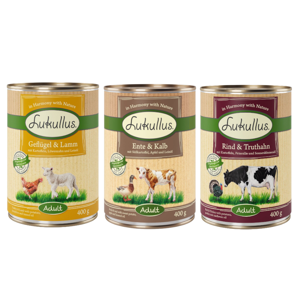 10 + 2 gratis! 12 x 400 g Sparpaket Lukullus Naturkost - Mixpaket 3 Getreidefrei (3 Sorten) von Lukullus