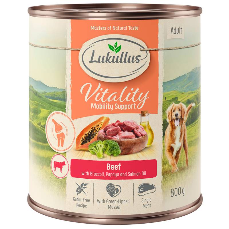 10 + 2 gratis! 12 x 800 g Lukullus Vitality (Getreidefrei) Unterstützung der Beweglichkeit: Rind von Lukullus