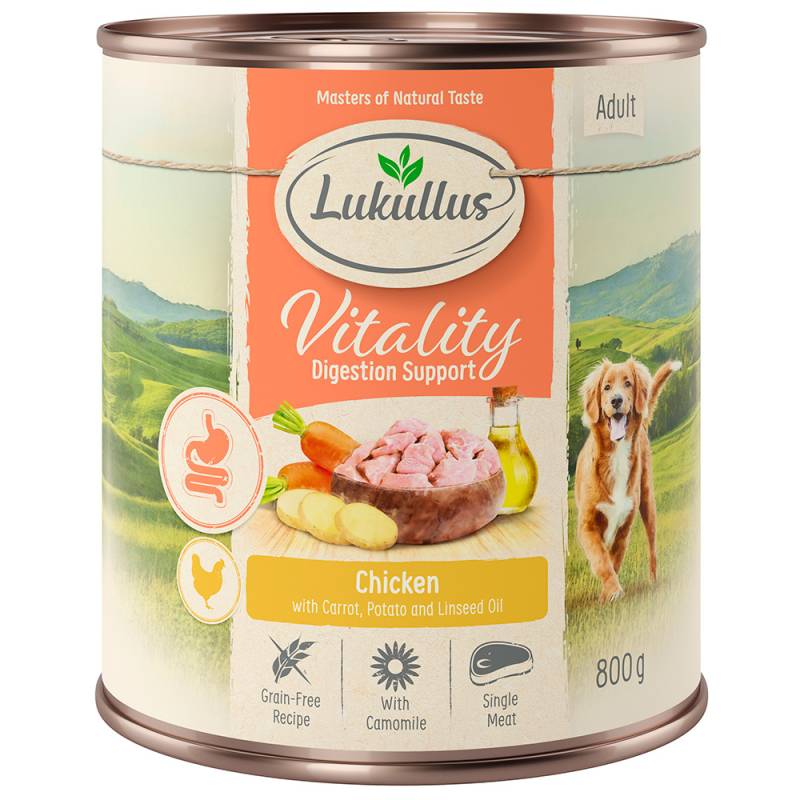 10 + 2 gratis! 12 x 800 g Lukullus Vitality (Getreidefrei) Unterstützung der Verdauung: Huhn von Lukullus