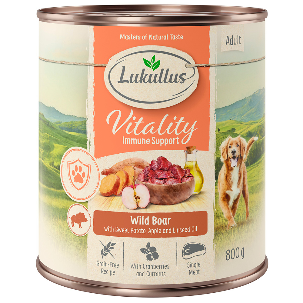 10 + 2 gratis! 12 x 800 g Lukullus Vitality (Getreidefrei) Unterstützung für das Immunsystem: Wildschwein von Lukullus