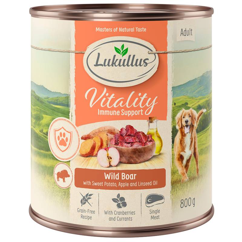 10 + 2 gratis! 12 x 800 g Lukullus Vitality (Getreidefrei) Unterstützung für das Immunsystem: Wildschwein von Lukullus