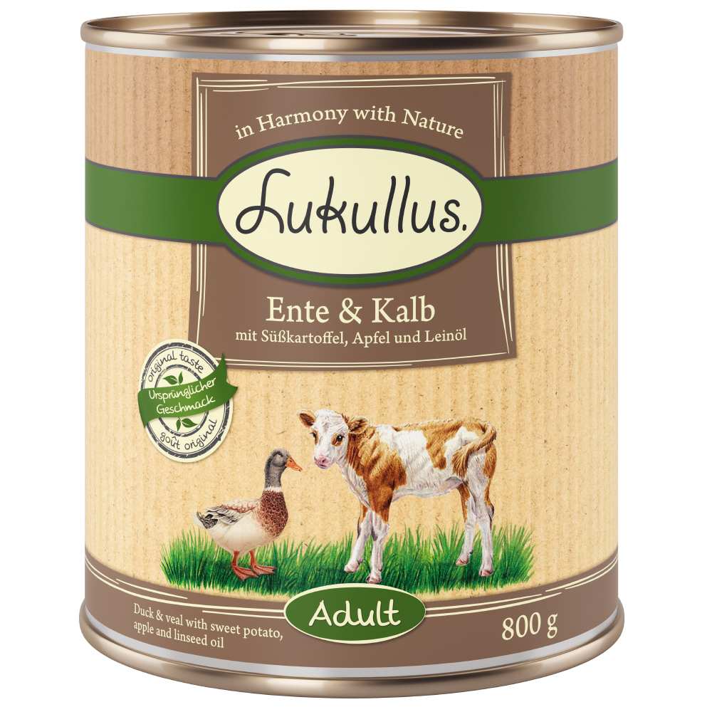 10 € Rabatt sichern! Sparpaket Lukullus Naturkost 24 x 800g  Adult Ente & Kalb (getreidefrei) von Lukullus