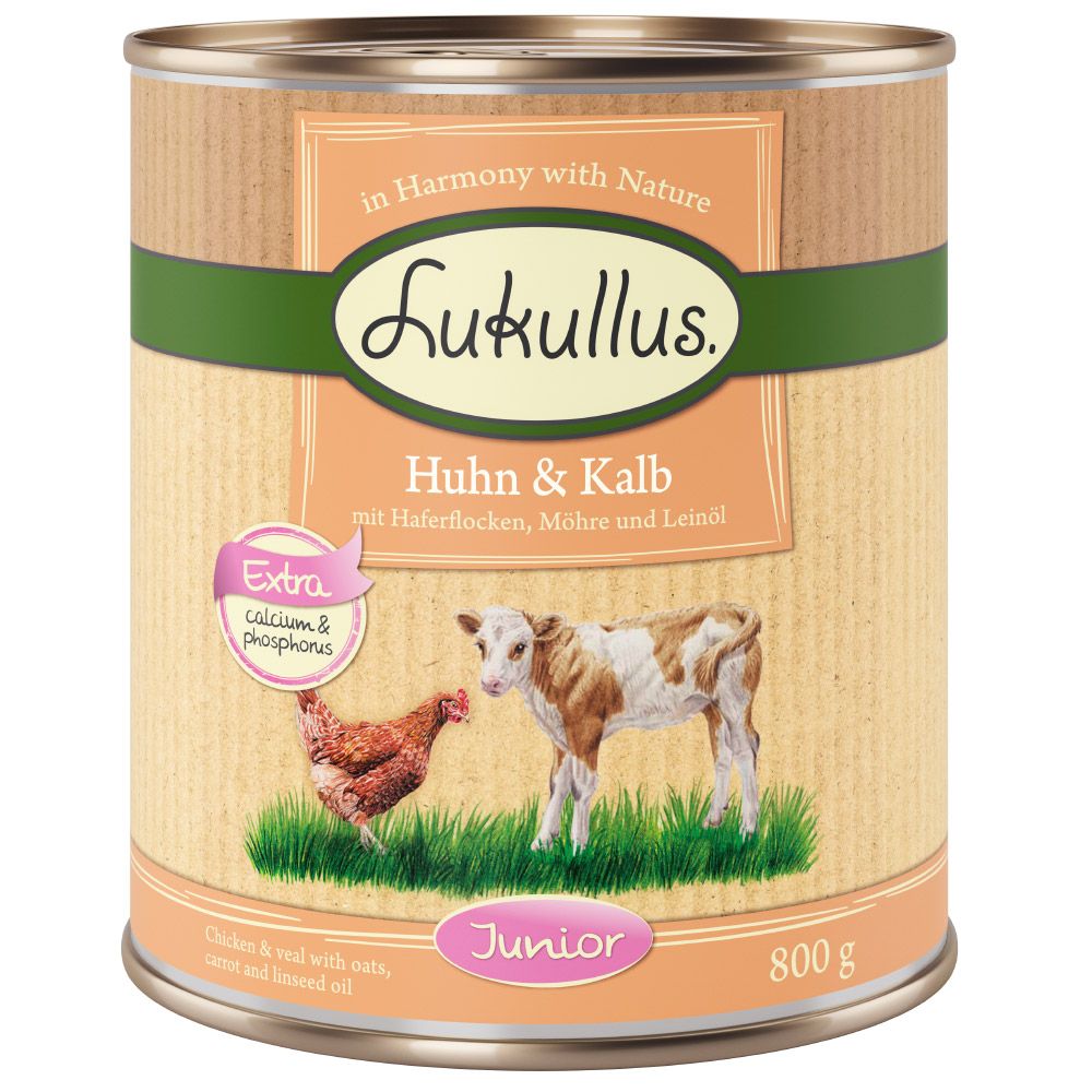 10 € Rabatt sichern! Sparpaket Lukullus Naturkost 24 x 800g Junior Huhn & Kalb von Lukullus