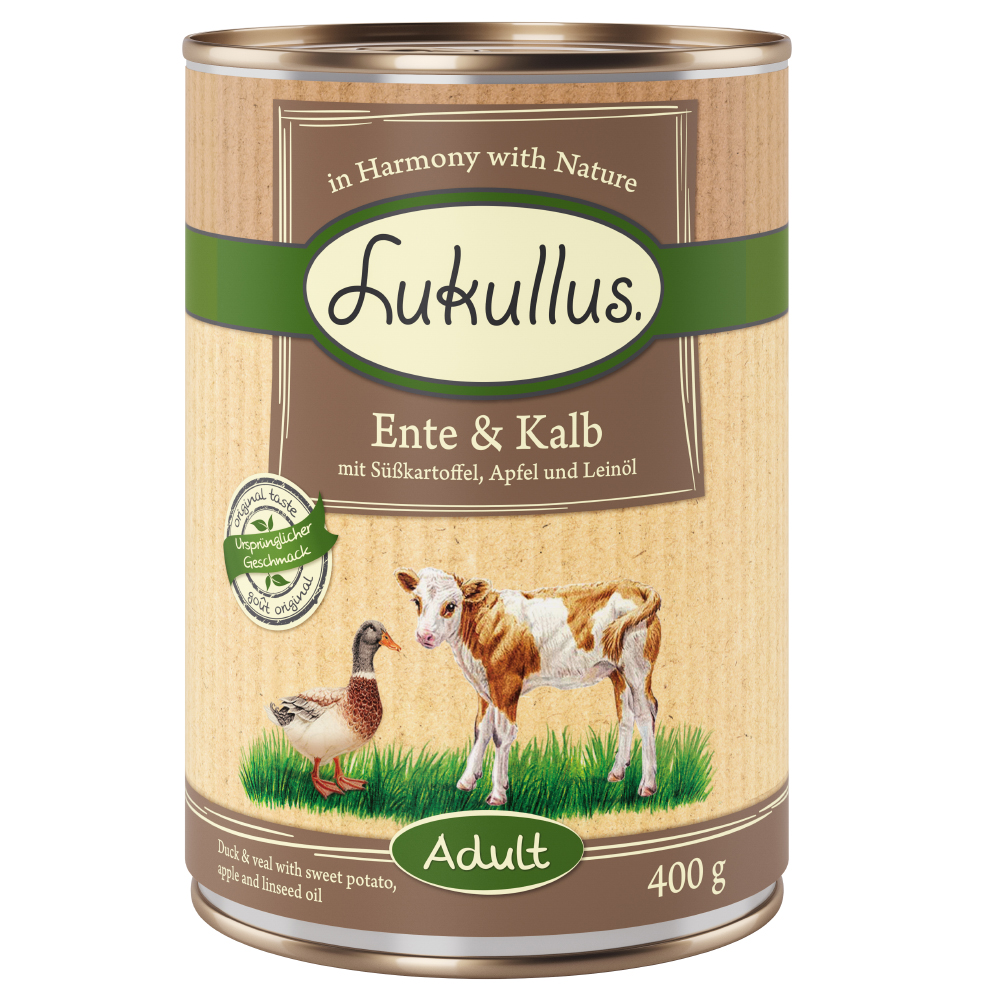 20 + 4 gratis! 24 x 400 g Sparpaket Lukullus Naturkost - Ente & Kalb (getreidefrei) von Lukullus