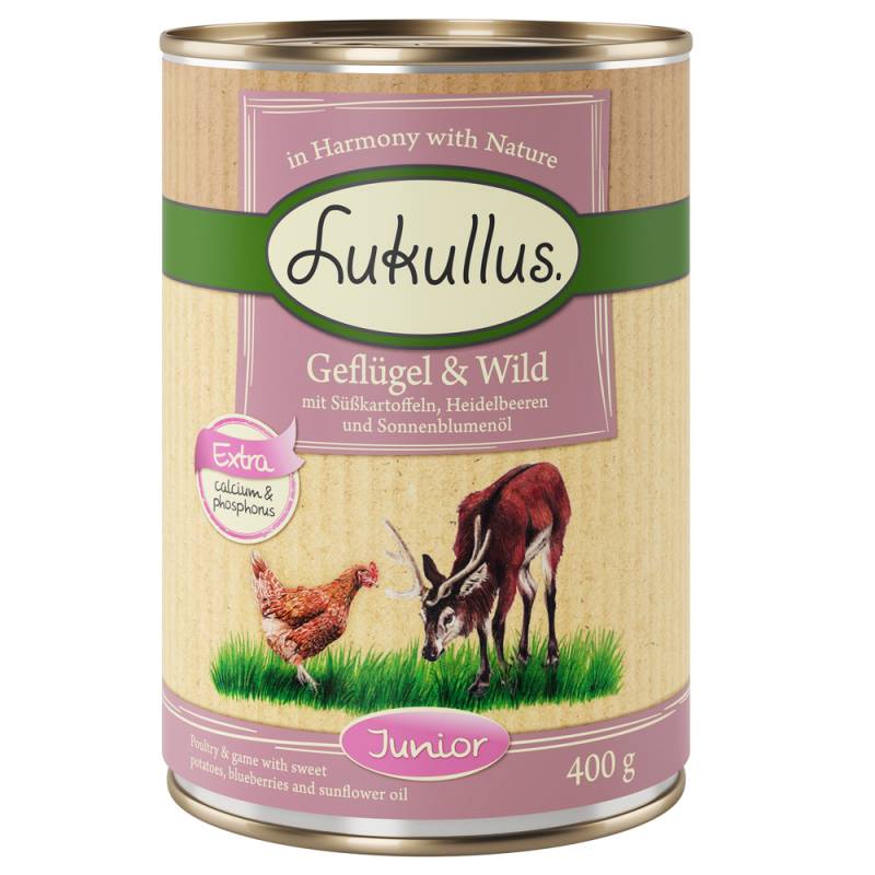 20 + 4 gratis! 24 x 400 g Sparpaket Lukullus Naturkost - Junior Geflügel & Wild (getreidefrei) von Lukullus