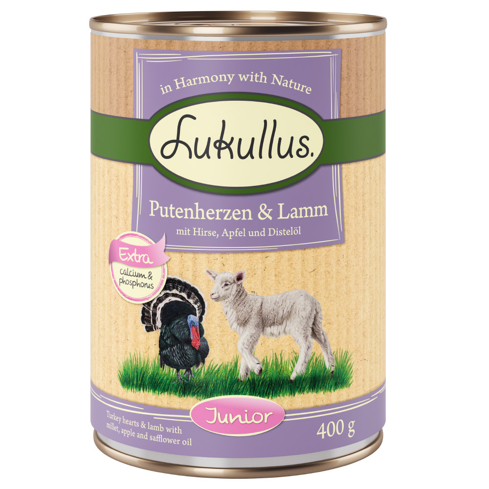 20 + 4 gratis! 24 x 400 g Sparpaket Lukullus Naturkost - Junior Putenherzen & Lamm von Lukullus