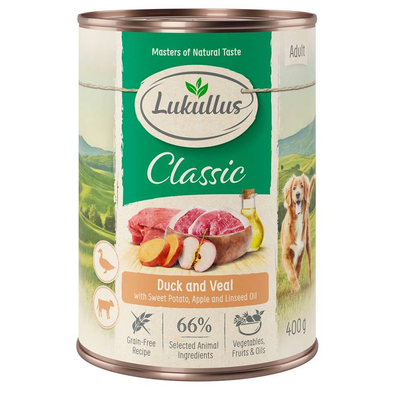 5 + 1 gratis! 6 x 400 g Lukullus Naturkost - Adult Ente  & Kalb (getreidefrei) von Lukullus