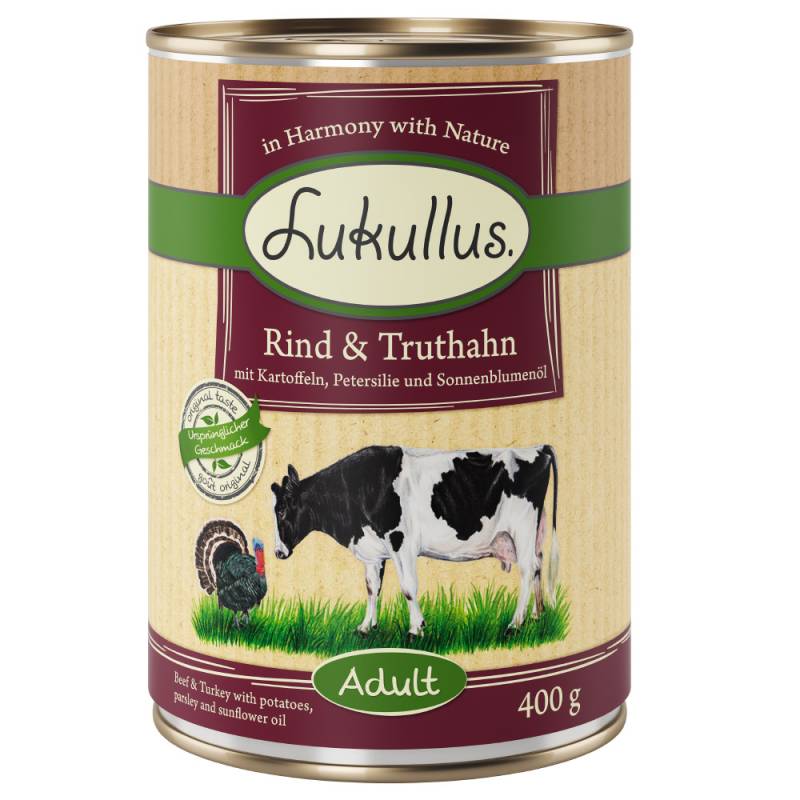 5 + 1 gratis! 6 x 400 g Lukullus Naturkost - Adult Rind & Truthahn (getreidefrei) von Lukullus