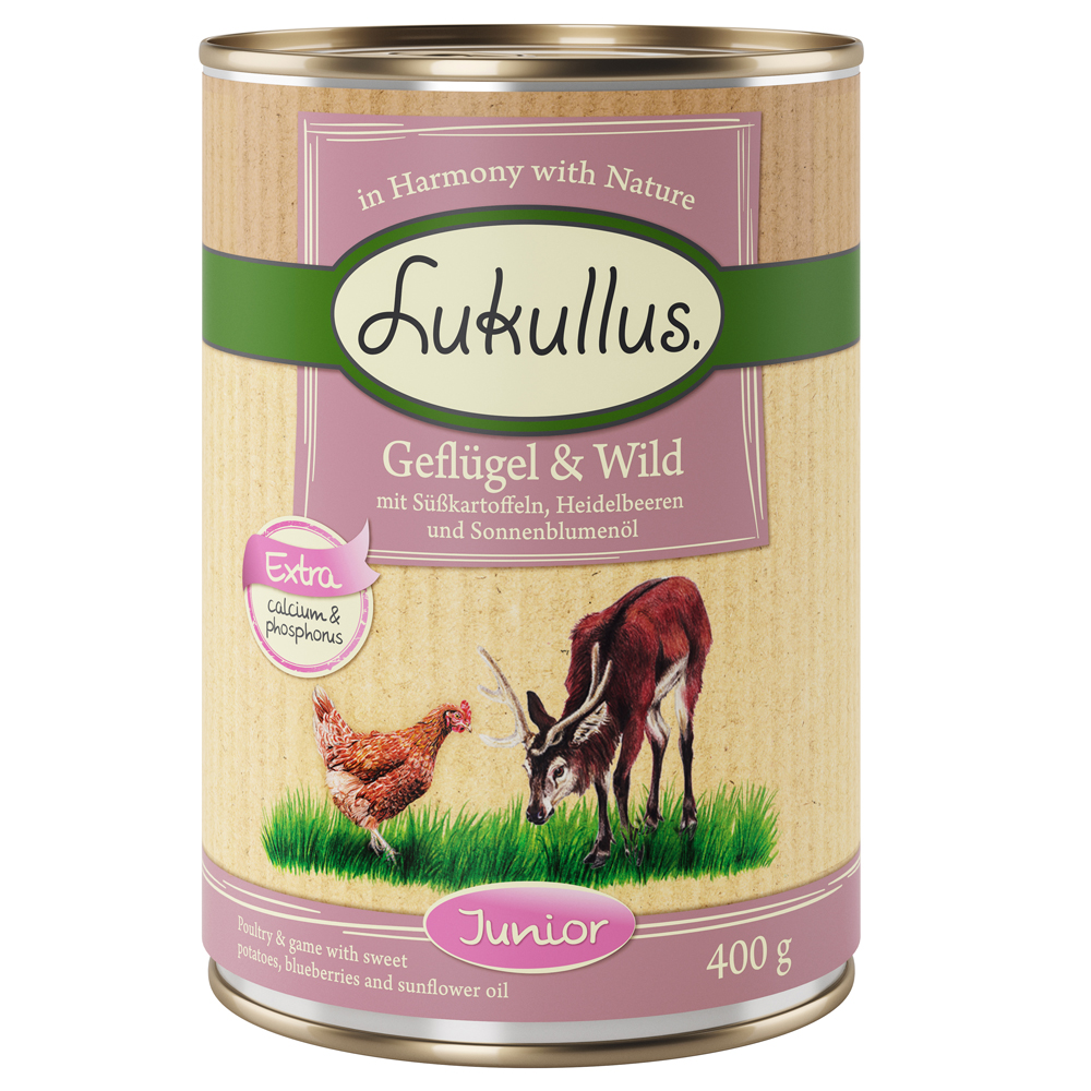 5 + 1 gratis! 6 x 400 g Lukullus Naturkost - Junior Geflügel & Wild (getreidefrei) von Lukullus