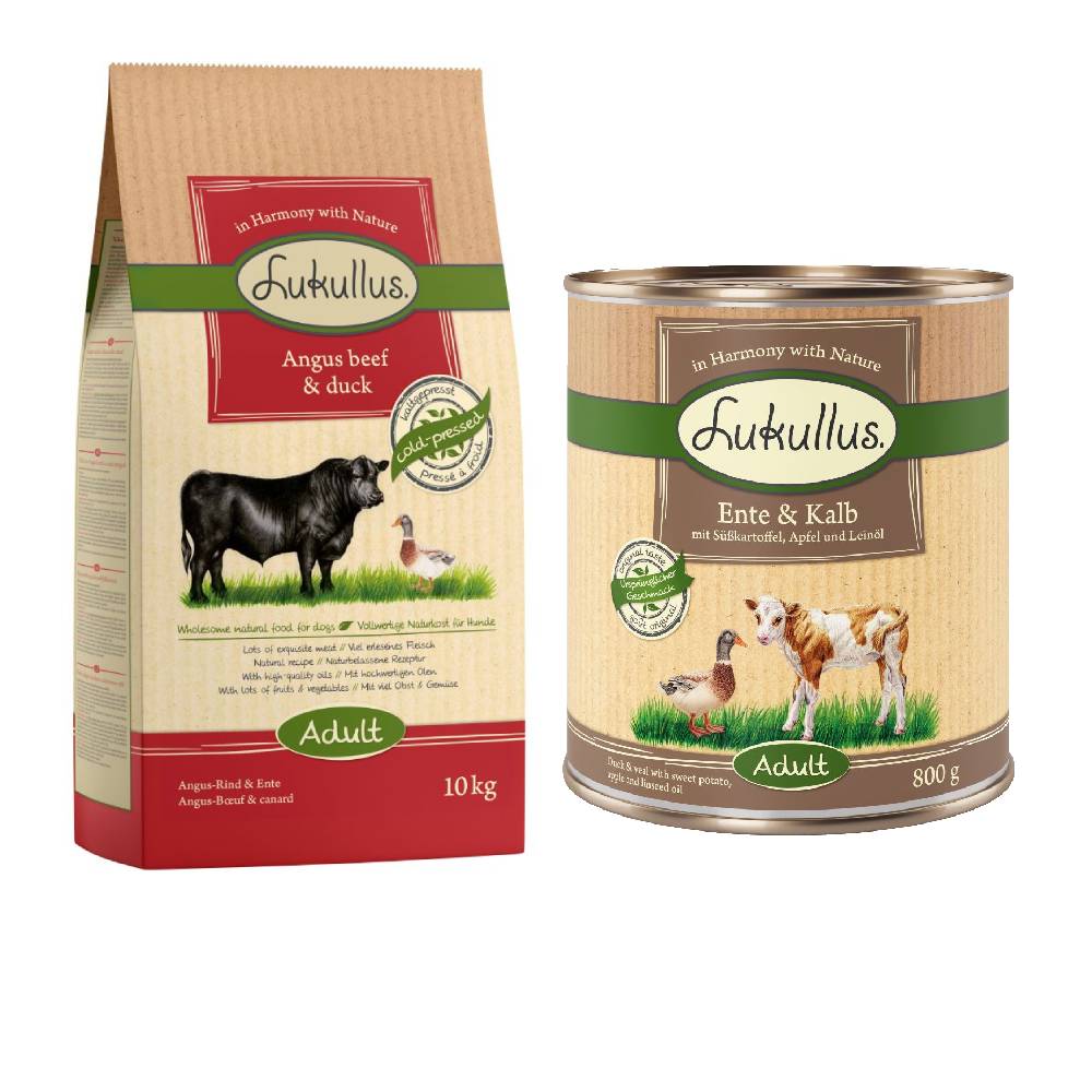 Lukullus Kaltgepresst Kombi-Paket: 10 kg Trockenfutter + 24 x 800 g Nassfutter - Adult Angus-Rind & Ente + Ente & Kalb von Lukullus