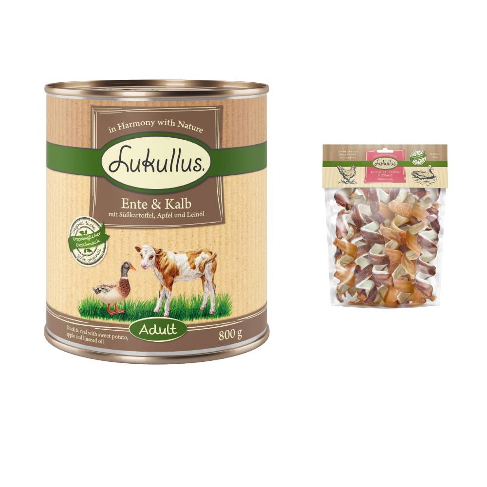 Lukullus Kombi-Paket: 24 x 800 g Naturkost + 2 x 750 g Kauspirale Hundesnacks - Adult Ente & Kalb (getreidefrei) +  Ente & Huhn von Lukullus