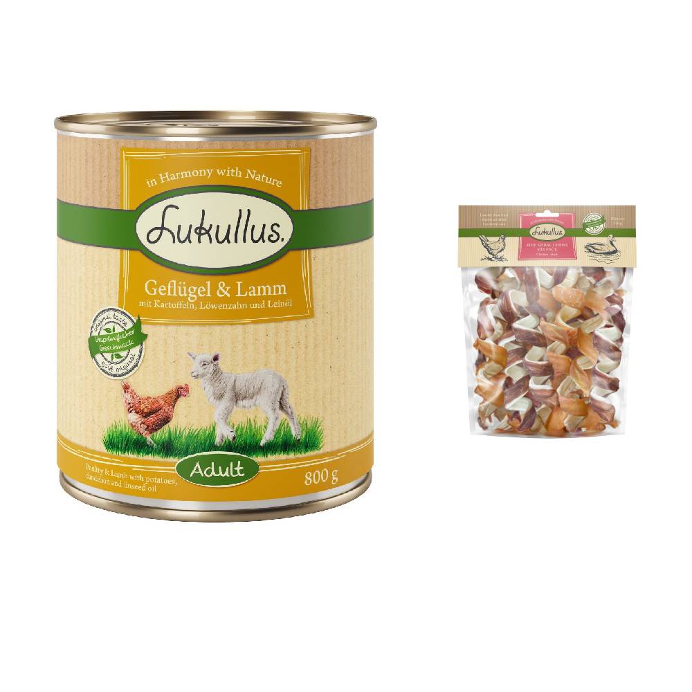 Lukullus Kombi-Paket: 24 x 800 g Naturkost + 2 x 750 g Kauspirale Hundesnacks - Adult Geflügel & Lamm (getreidefrei) +  Ente & Huhn von Lukullus