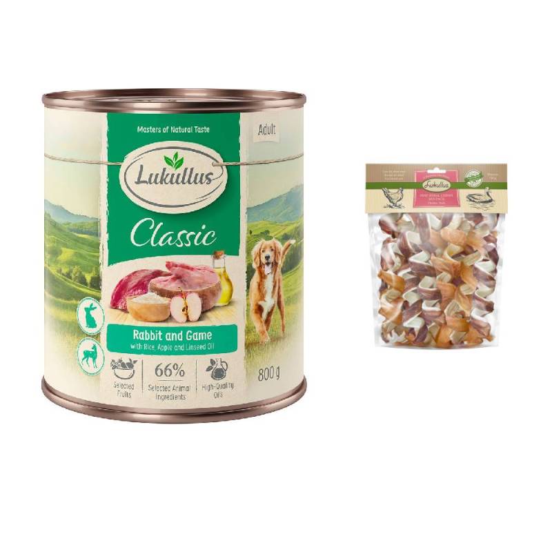 Lukullus Kombi-Paket: 24 x 800 g Naturkost + 2 x 750 g Kauspirale Hundesnacks - Adult Kaninchen & Wild +  Ente & Huhn von Lukullus