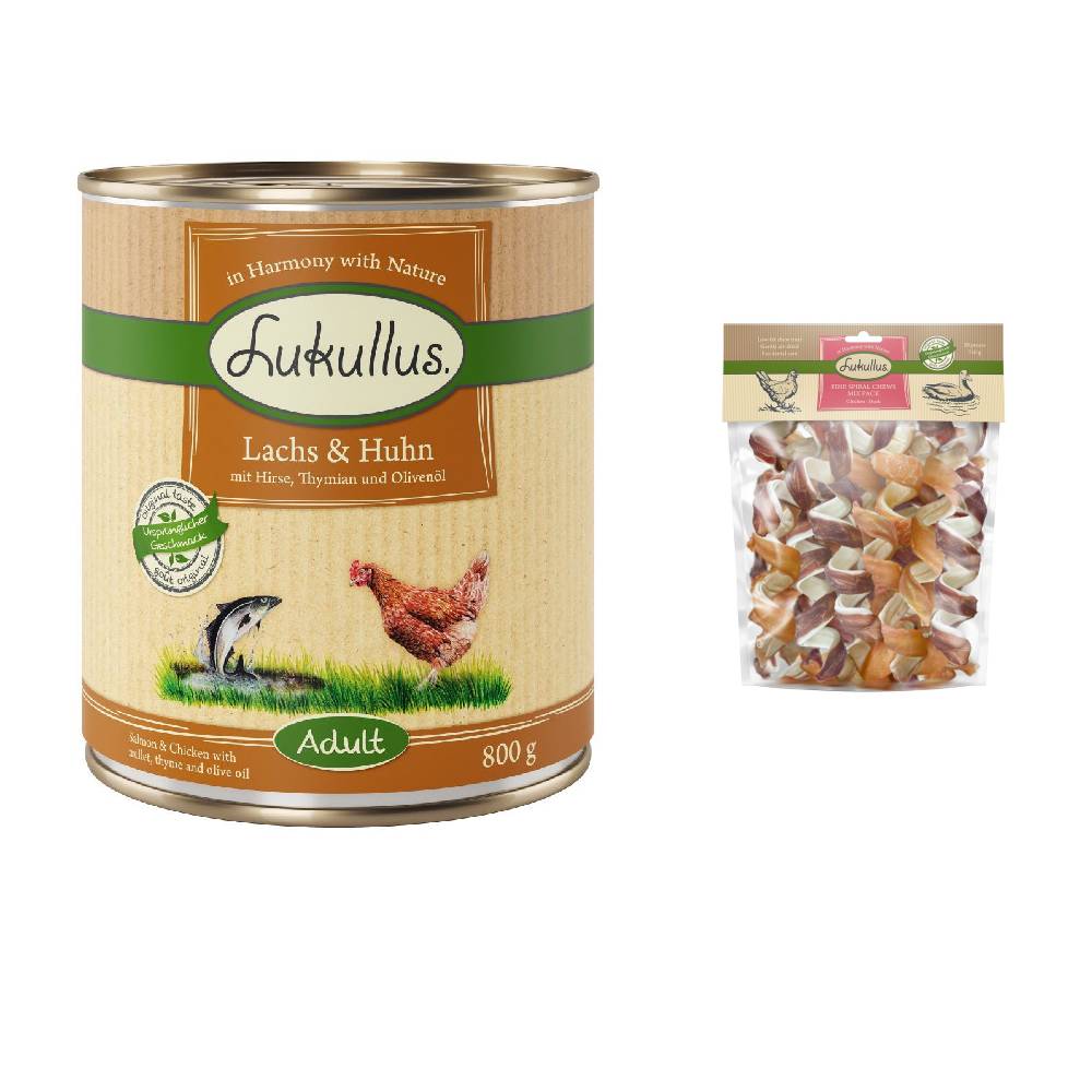 Lukullus Kombi-Paket: 24 x 800 g Naturkost + 2 x 750 g Kauspirale Hundesnacks - Adult  Lachs & Huhn +  Ente & Huhn von Lukullus