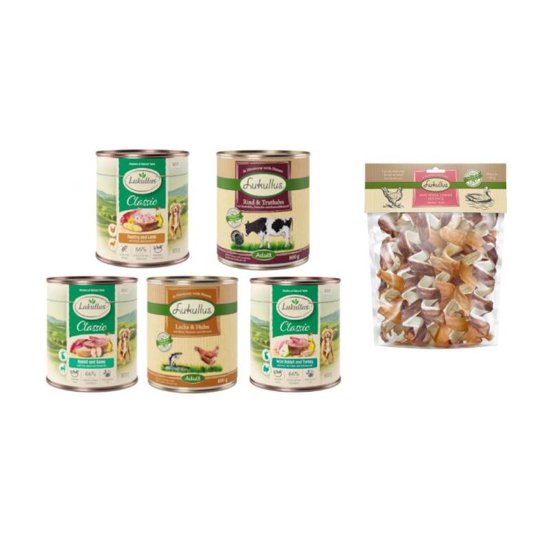 Lukullus Kombi-Paket: 24 x 800 g Naturkost + 2 x 750 g Kauspirale Hundesnacks - Adult Mix 5 Sorten +  Ente & Huhn von Lukullus