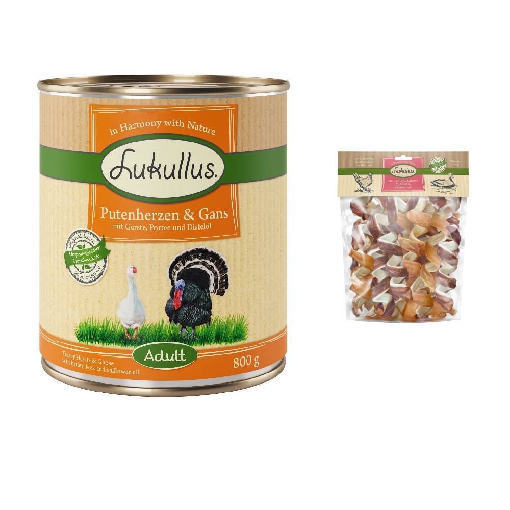 Lukullus Kombi-Paket: 24 x 800 g Naturkost + 2 x 750 g Kauspirale Hundesnacks - Adult  Putenherzen & Gans +  Ente & Huhn von Lukullus