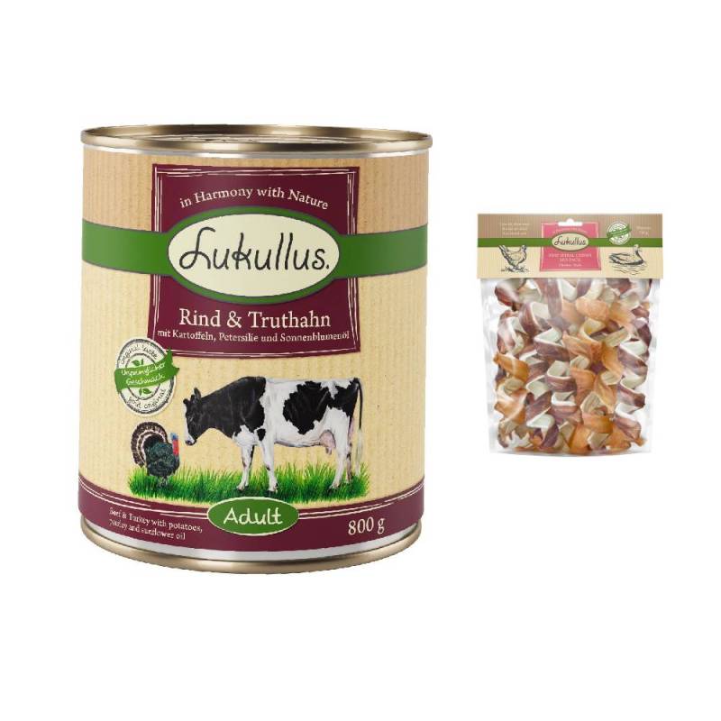 Lukullus Kombi-Paket: 24 x 800 g Naturkost + 2 x 750 g Kauspirale Hundesnacks - Adult Rind & Truthahn (getreidefrei) +  Ente & Huhn von Lukullus