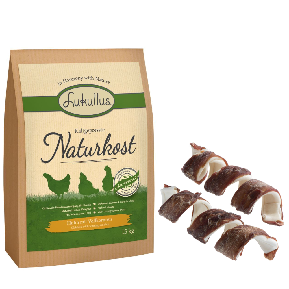 Lukullus Kombi-Paket: Kaltgepresst Trockenfutter + feine Kauspirale Snack - 15 kg Huhn & Vollkornreis + 3 x 2 Stück Ente von Lukullus