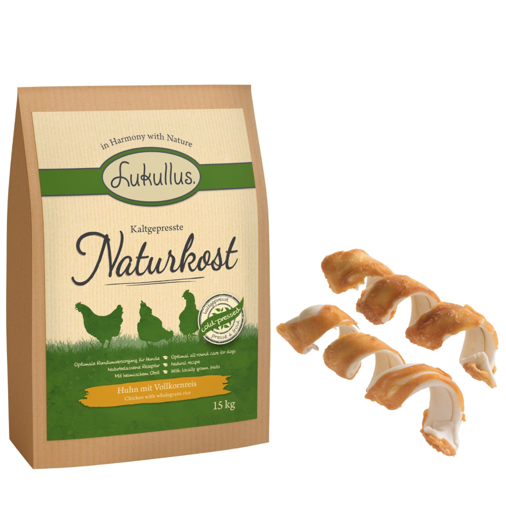 Lukullus Kombi-Paket: Kaltgepresst Trockenfutter + feine Kauspirale Snack - 15 kg Huhn & Vollkornreis + 3 x 2 Stück Huhn von Lukullus