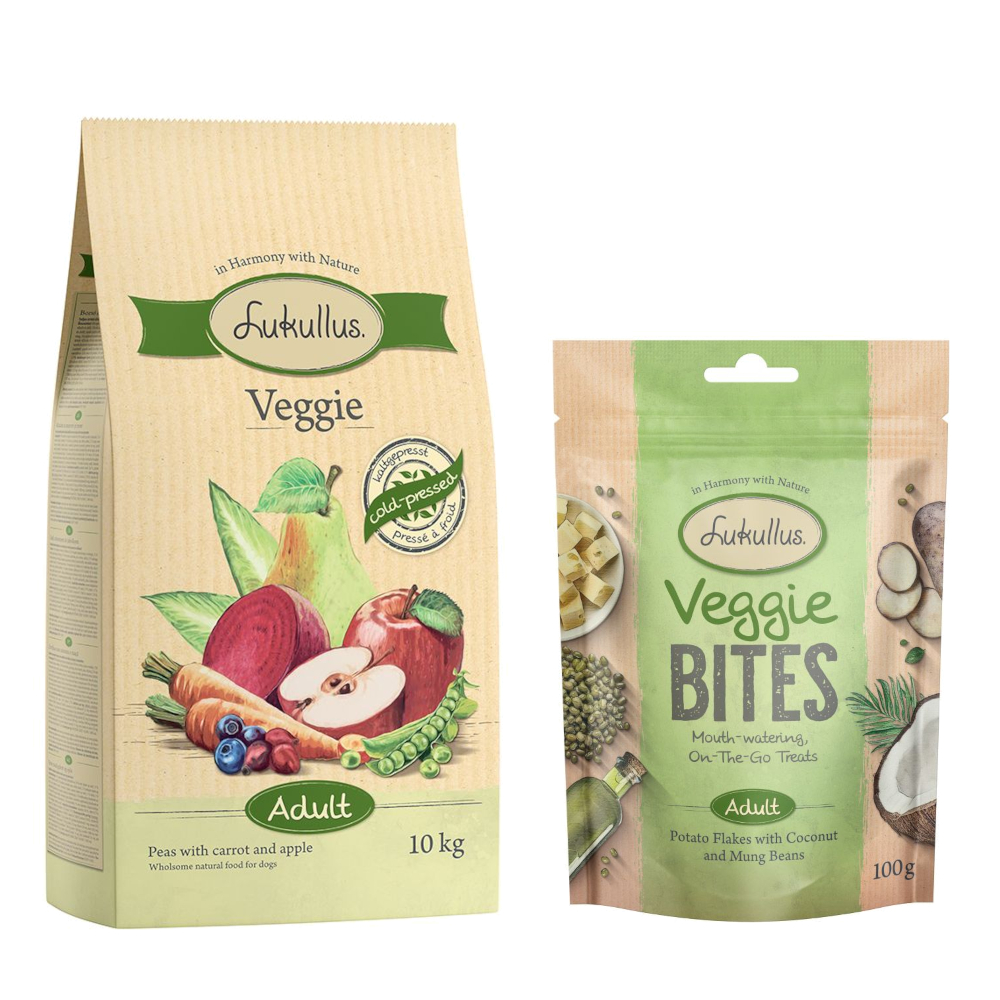 Lukullus Kombi-Paket: Kaltgepresst Veggie Trockenfutter + Veggie Bites Snack - 10 kg Kaltgepresst Veggie + 3 x 100 g Veggie Bites von Lukullus