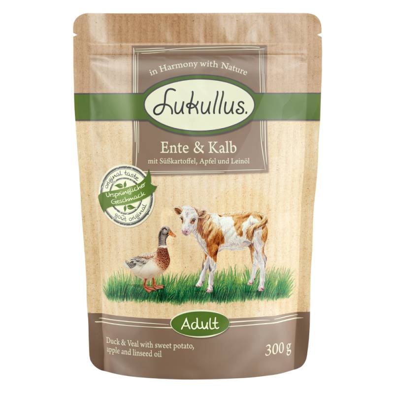 Sparpaket Lukullus Frischebeutel 48 x 300 g - Ente und Kalb (getreidefrei) von Lukullus